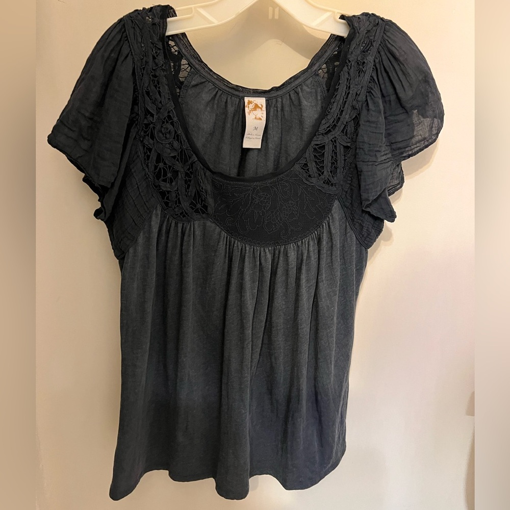 Never Worn. Anthropologie Elegant Dark Gray Lace Women's Top size Medium